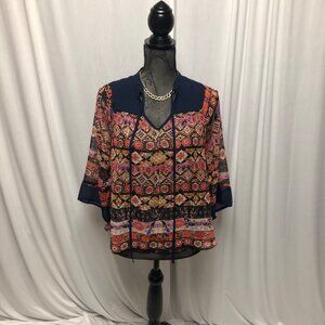 Very J Top Womens Sz Small Sheer Navy Orange Red Floral Lightweight Blouse Boho